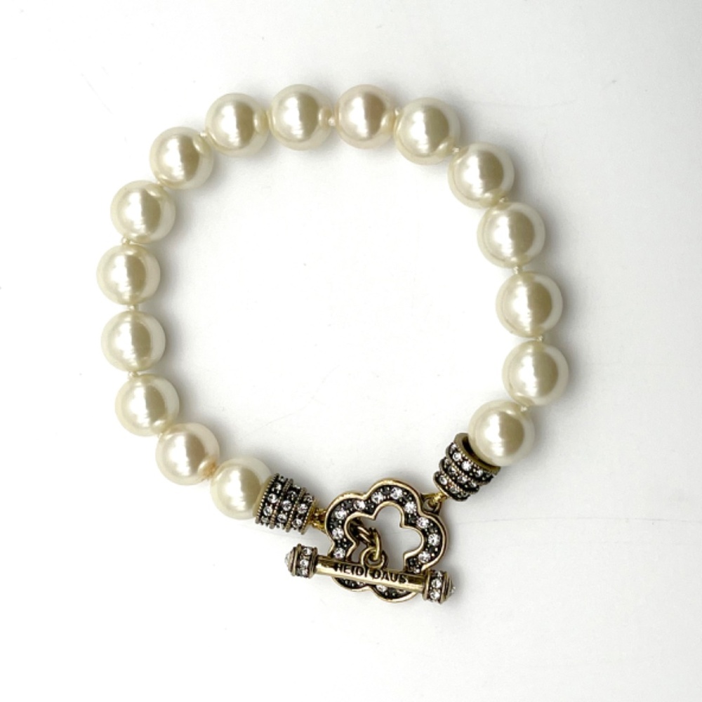 Heidi Daus White Knotted Faux Pearls and Crystal Toggle Bracelet